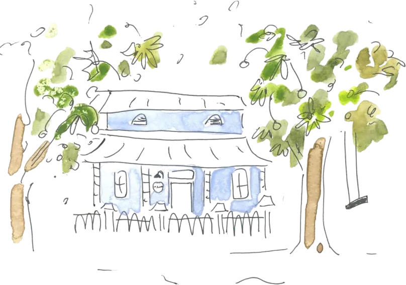 Watercolour of the café: the white house with blue shutters under plane trees, from the printed menu cover.